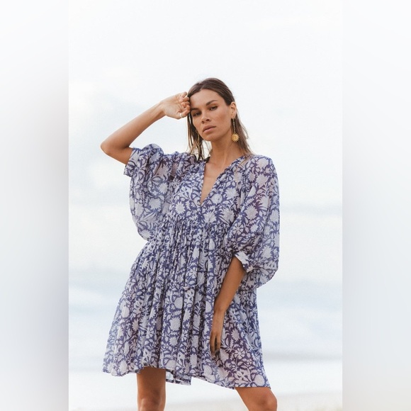 Daughters of India Dresses & Skirts - Daughters of India Kyra Mini Dress Cotton Blue Iris Boho Floral Flowy Blue 3XL